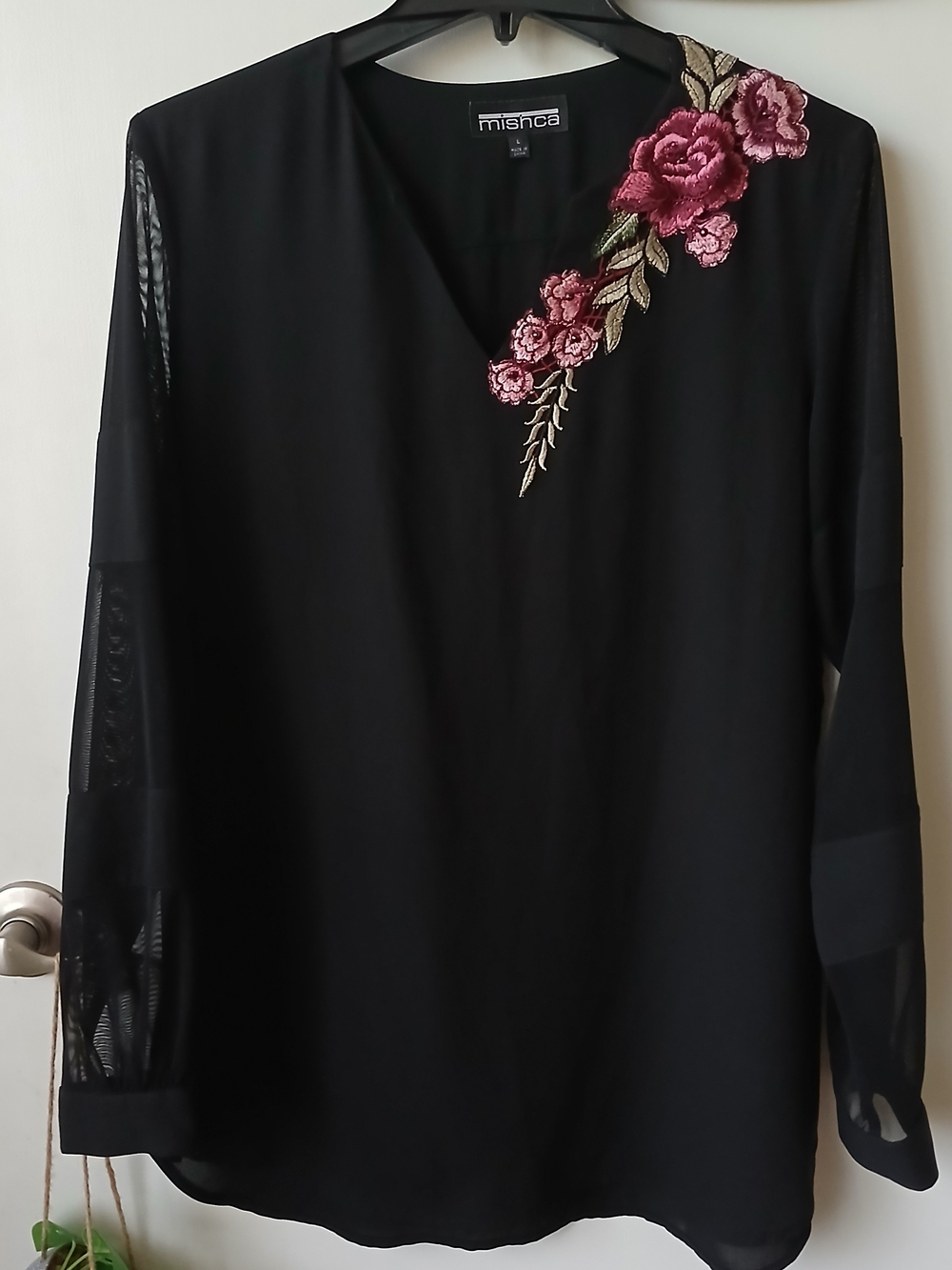 Mishca Black Blouse with Embroidered Burgundy Floral Applique